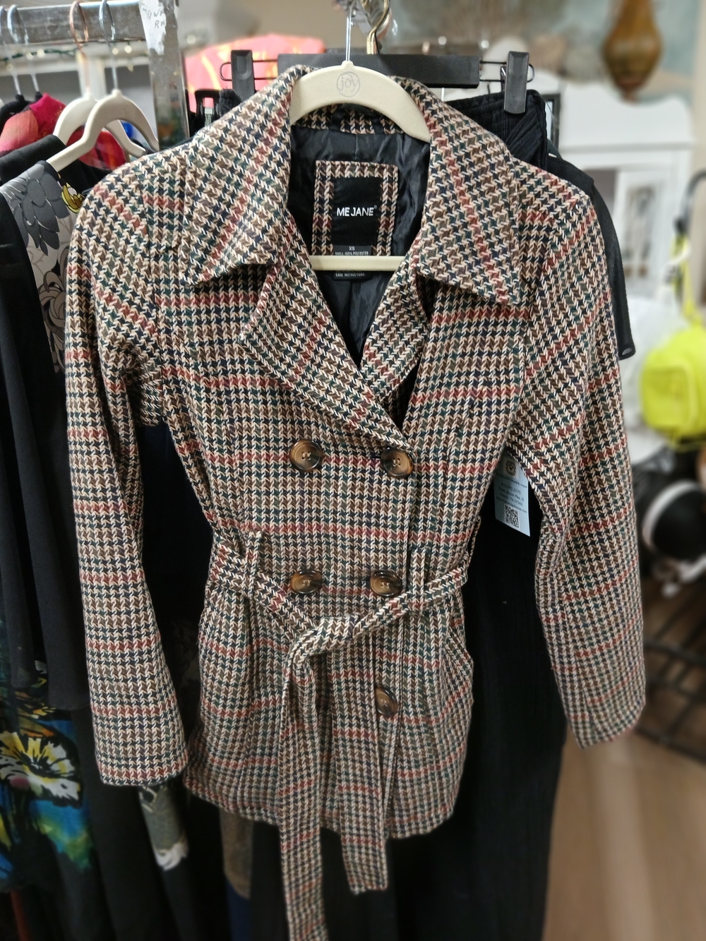 Me Jane Houndstooth Belted Trench Coat in Brown Black White